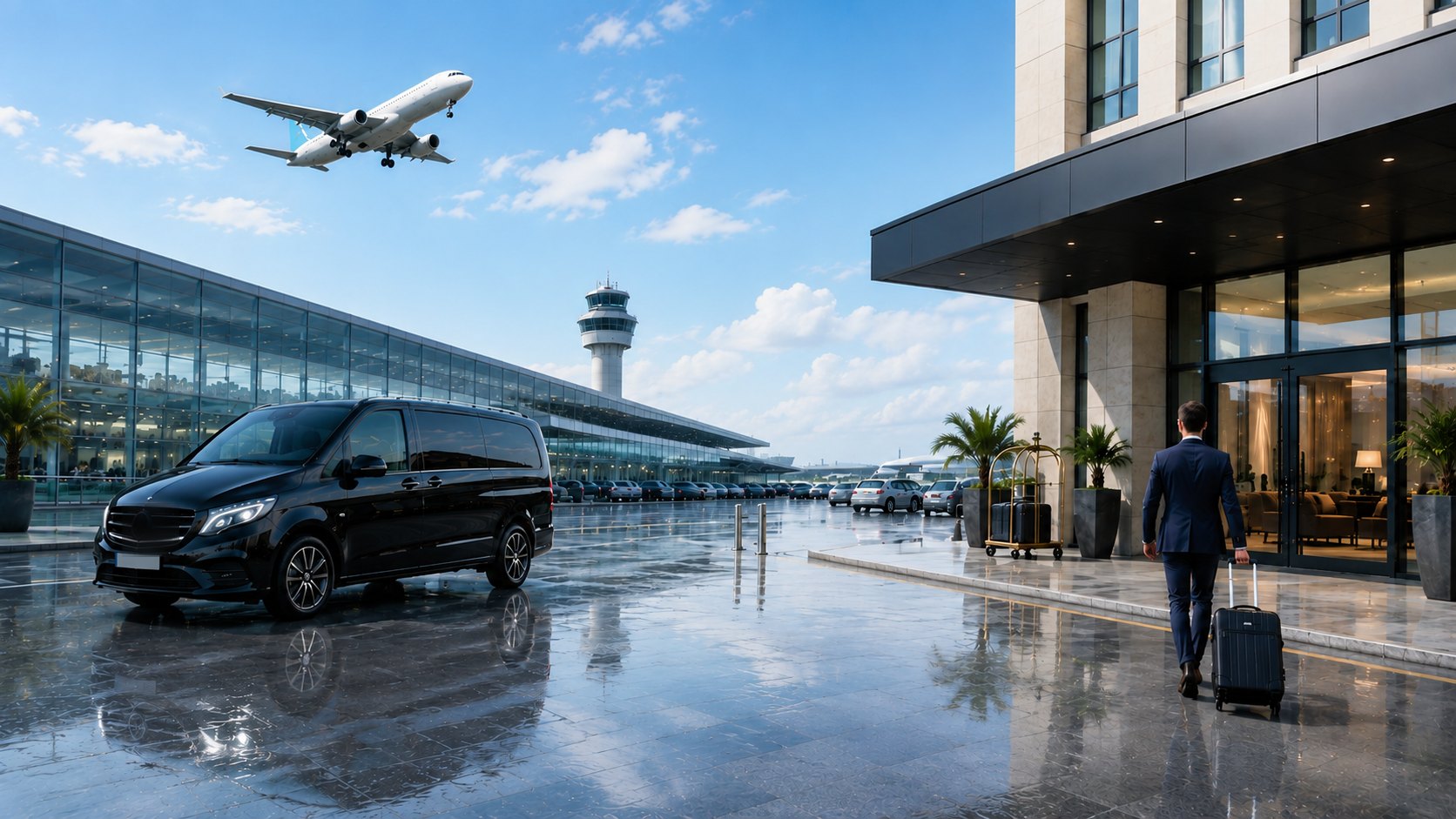 Van de transfert privé AéroNavette devant un terminal d'aéroport au coucher du soleil, avion en approche